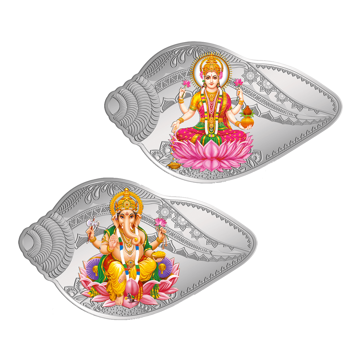 50 GRAM SILVER COIN (999.9) PURITY - LAKSHMI GANESH SHANKH SHAPE (2 COIN SET)