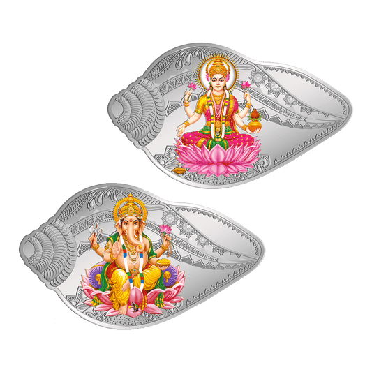 50 GRAM SILVER COIN (999.9) PURITY - LAKSHMI GANESH SHANKH SHAPE (2 COIN SET)