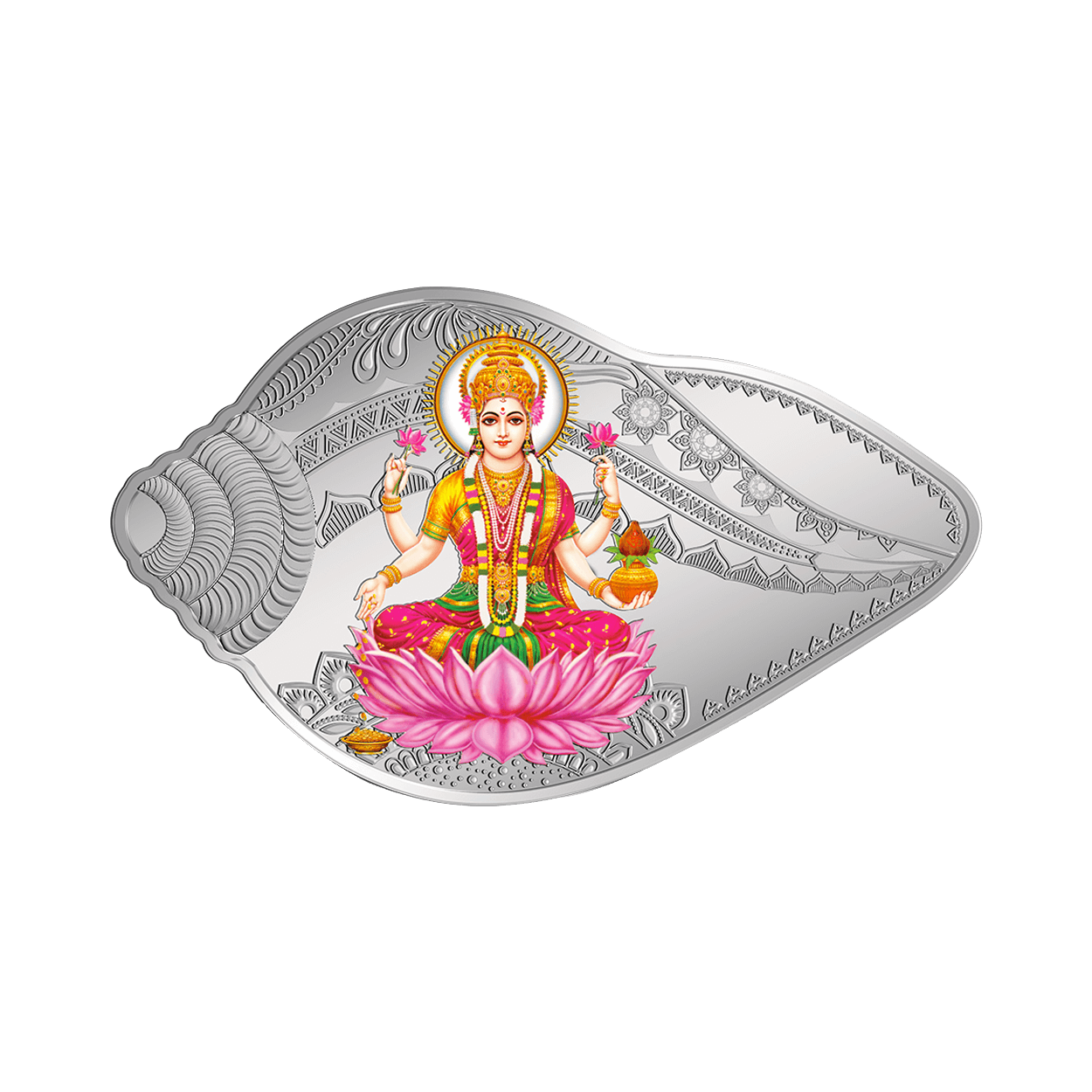 50 GRAM SILVER COIN (999.9) PURITY - LAKSHMI GANESH SHANKH SHAPE (2 COIN SET)