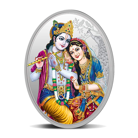 RADHA AND LORD KRISHNA (999.9) 31.10 GM SILVER OVAL COIN