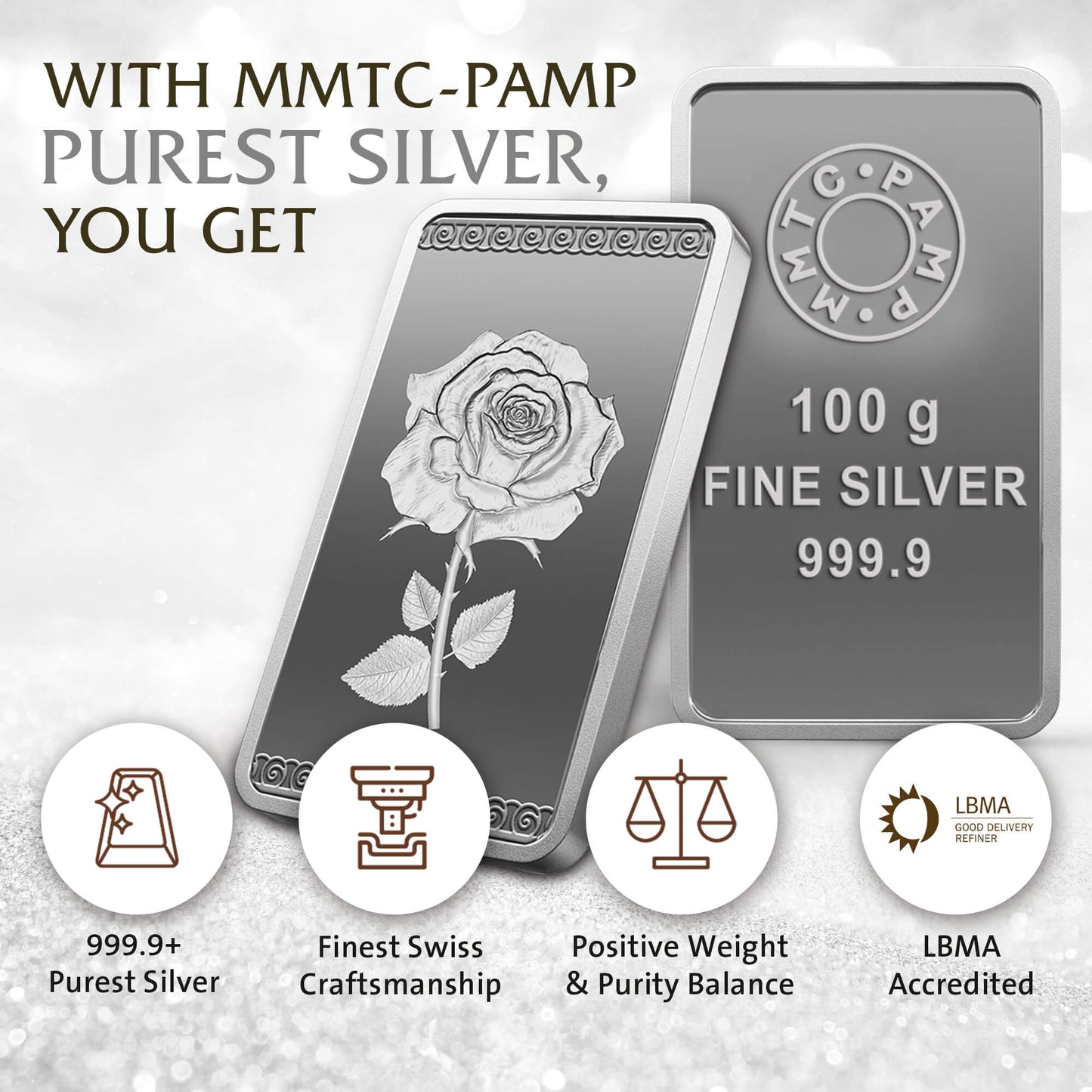 ROSE 999.9 PURITY 100 GM SILVER BAR